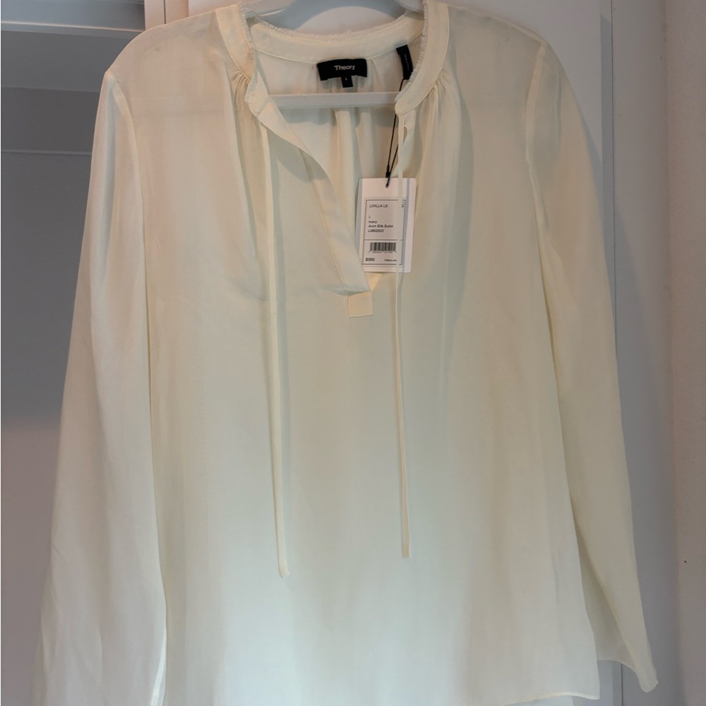 Theory Cream Long Sleeve Tie Front Blouse